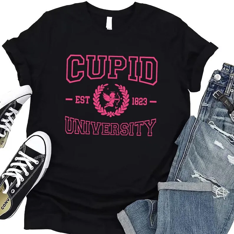 Cupid University Short Sleeve T-Shirt, Cute Valentine's Day Graphic Shirt