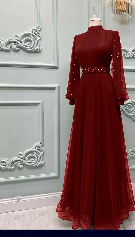 Dress with pearl long sleeve tulle Muslim dress, elegant evening dress     fg6035