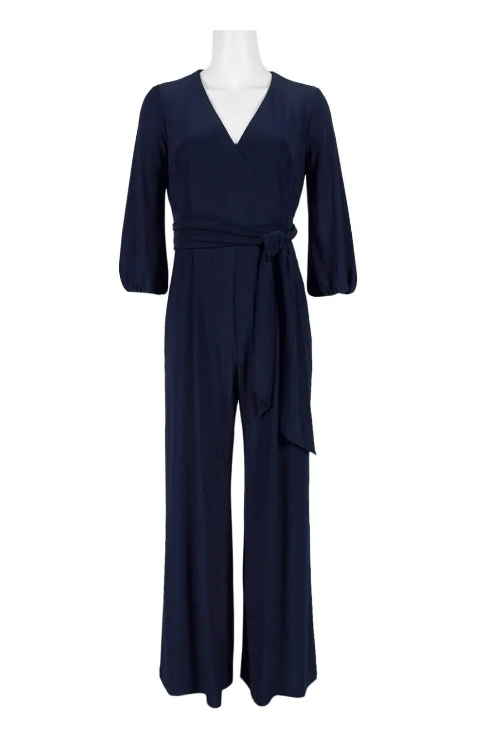 Elegant V-Neck Long Sleeve Jersey Jumpsuit with Adjustable Tie Details and Easy Zipper Closure