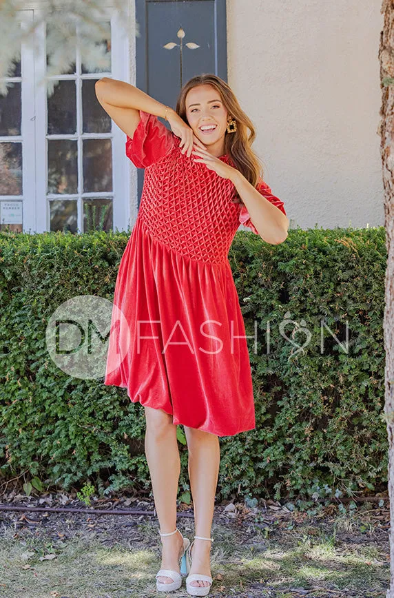 Emery Spiced Coral Velvet Party Dress- DM Exclusive - Maternity Friendly