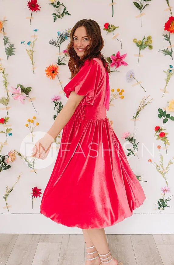 Emery Spiced Coral Velvet Party Dress- DM Exclusive - Maternity Friendly