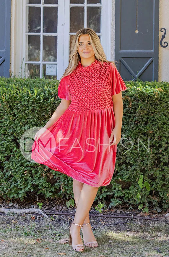 Emery Spiced Coral Velvet Party Dress- DM Exclusive - Maternity Friendly