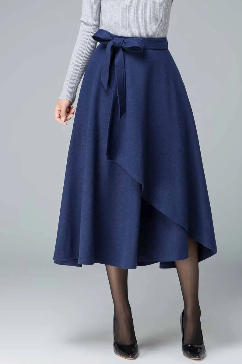 evening skirt, blue skirt, wool skirt, layered skirt, tie belt skirt 1836#