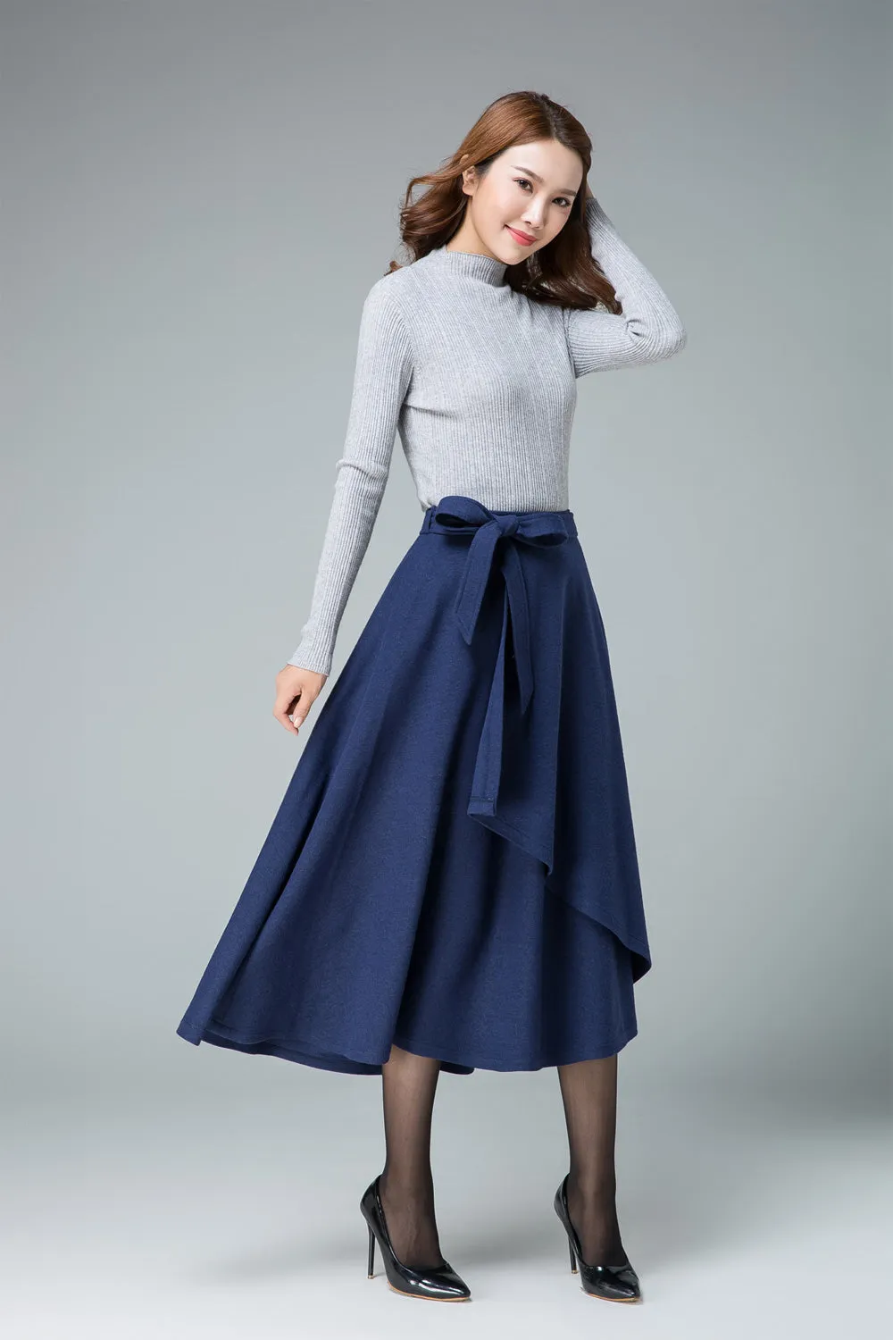 evening skirt, blue skirt, wool skirt, layered skirt, tie belt skirt 1836#