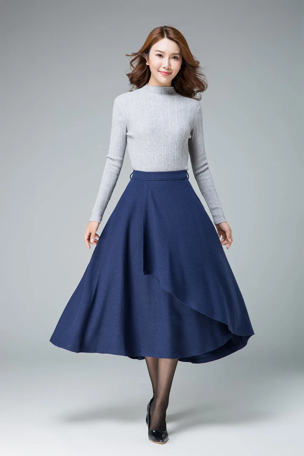 evening skirt, blue skirt, wool skirt, layered skirt, tie belt skirt 1836#