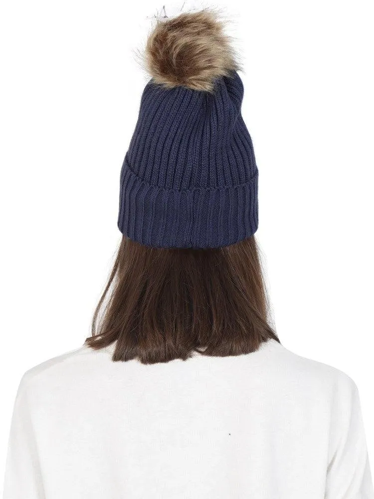 FabSeasons Navy Acrylic Woolen Winter skull cap with Pom Pom for Girls & Women