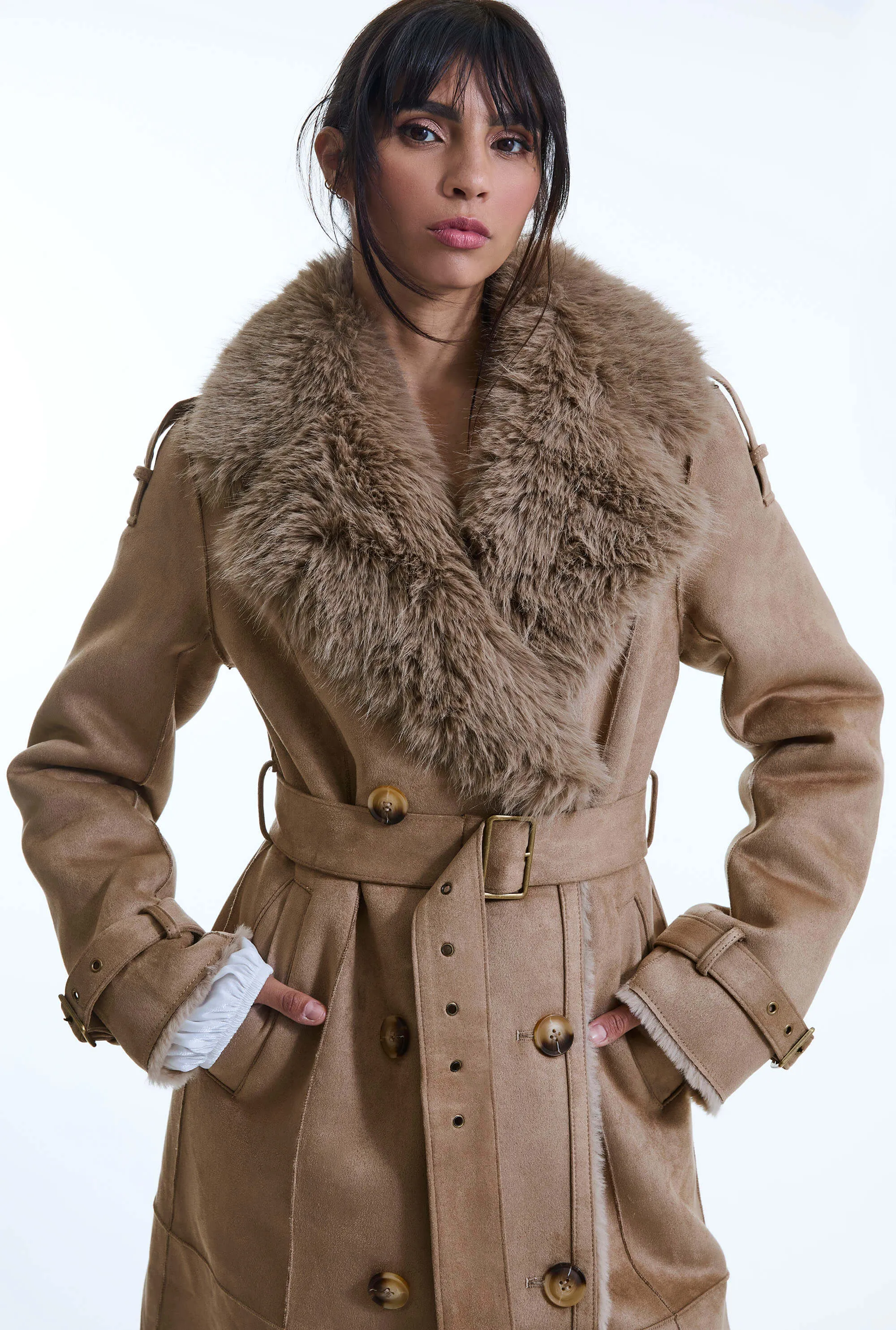 Faux Fur Suede Taupe Coat