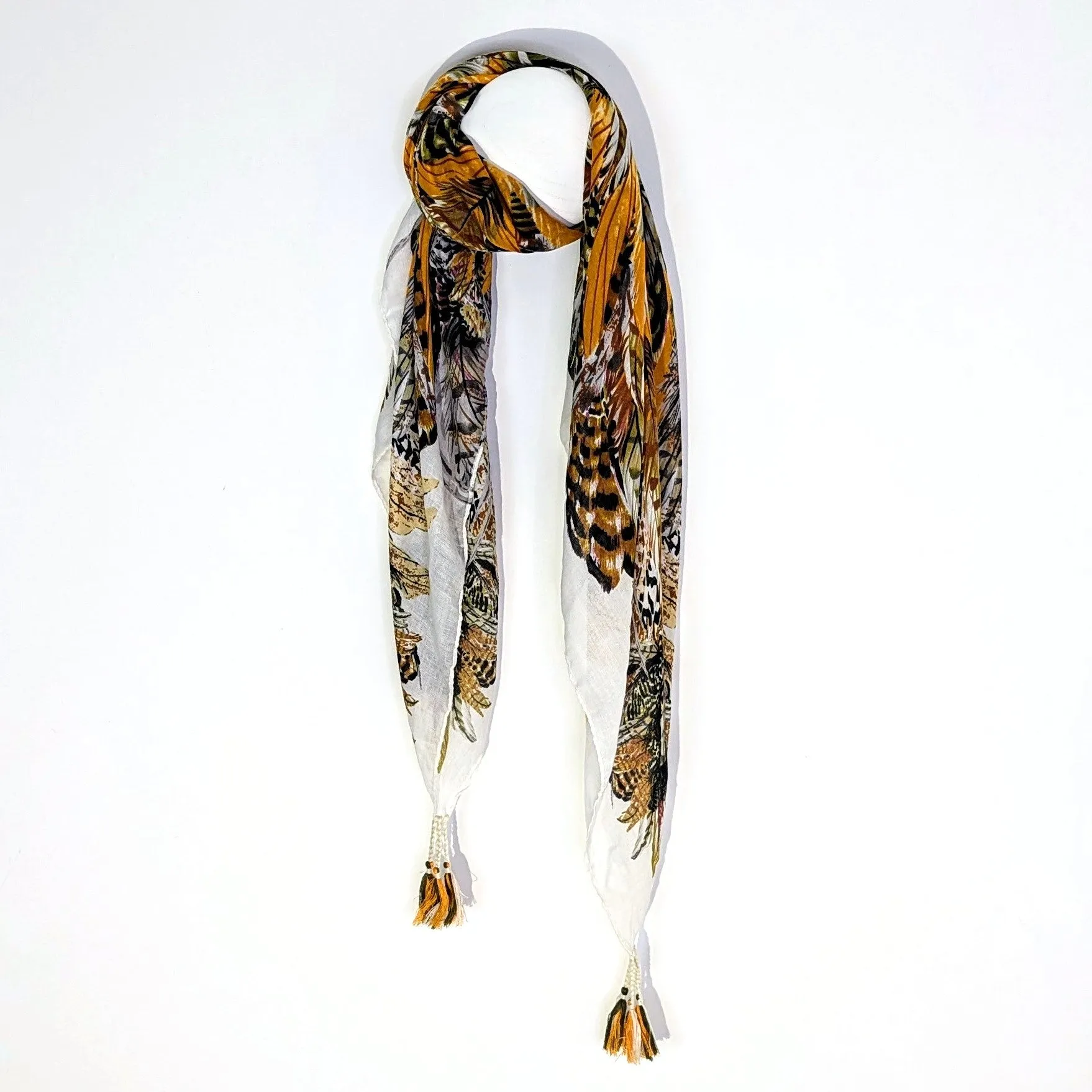Feather burst print scarf with corner tassels