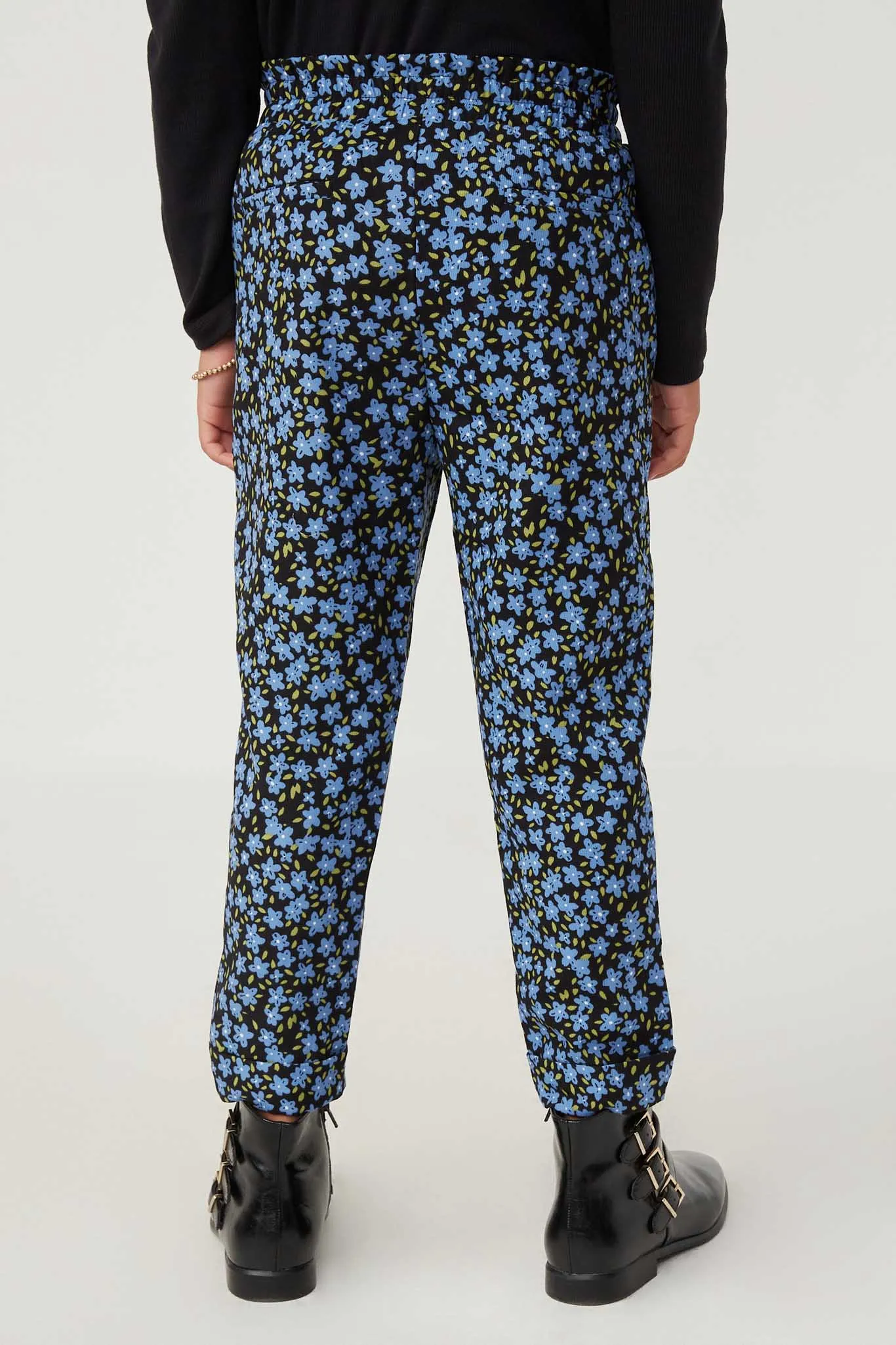 Floral Printed Corduroy Elastic Waist Pants