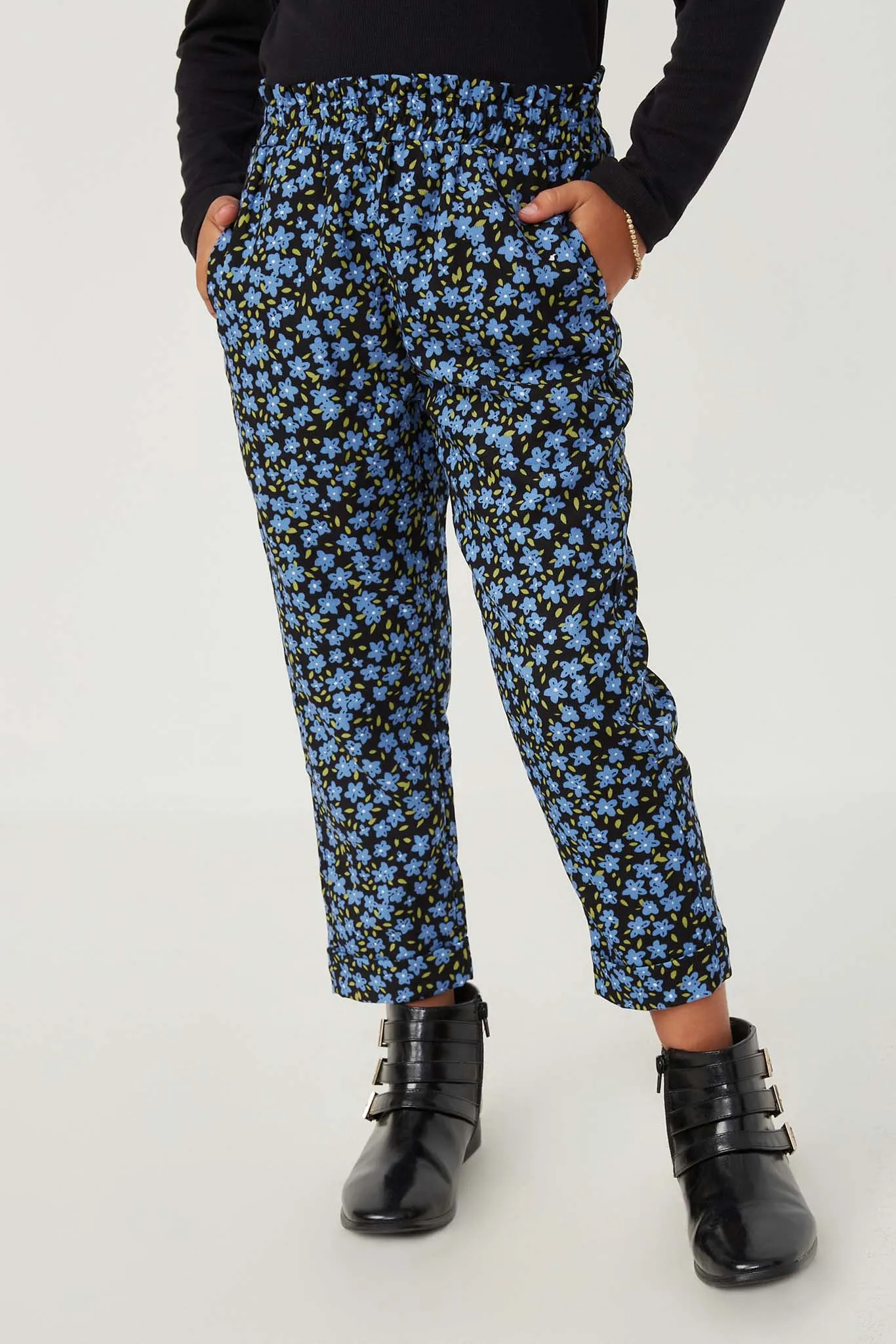 Floral Printed Corduroy Elastic Waist Pants