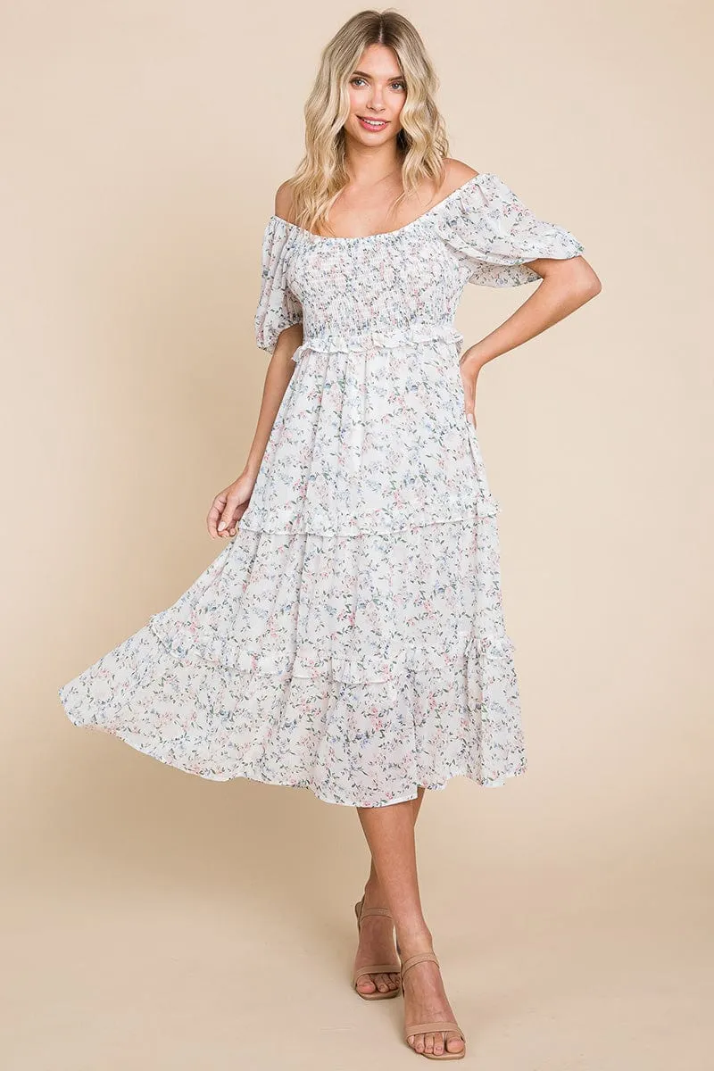 Floral Smocked Tiered Babydoll Midi Dress