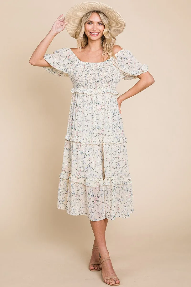 Floral Smocked Tiered Babydoll Midi Dress