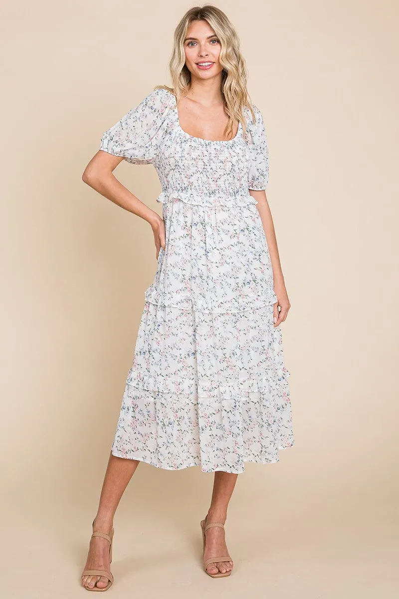 Floral Smocked Tiered Babydoll Midi Dress