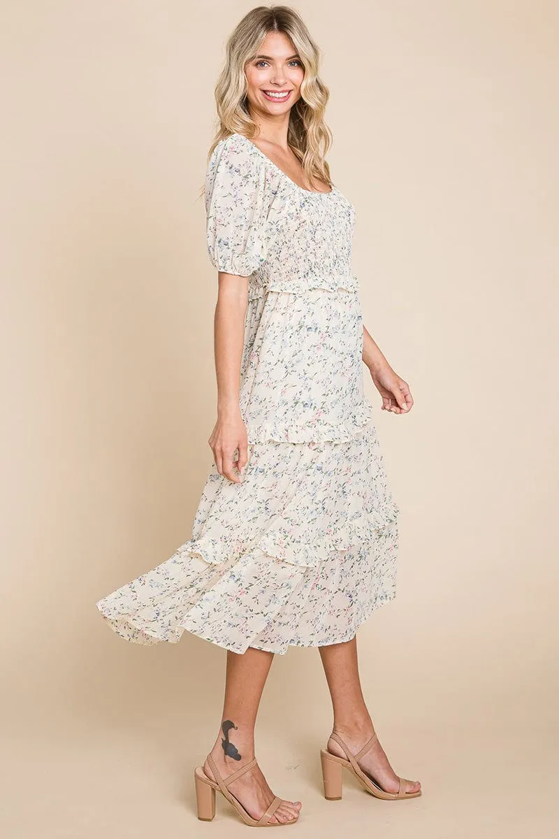 Floral Smocked Tiered Babydoll Midi Dress