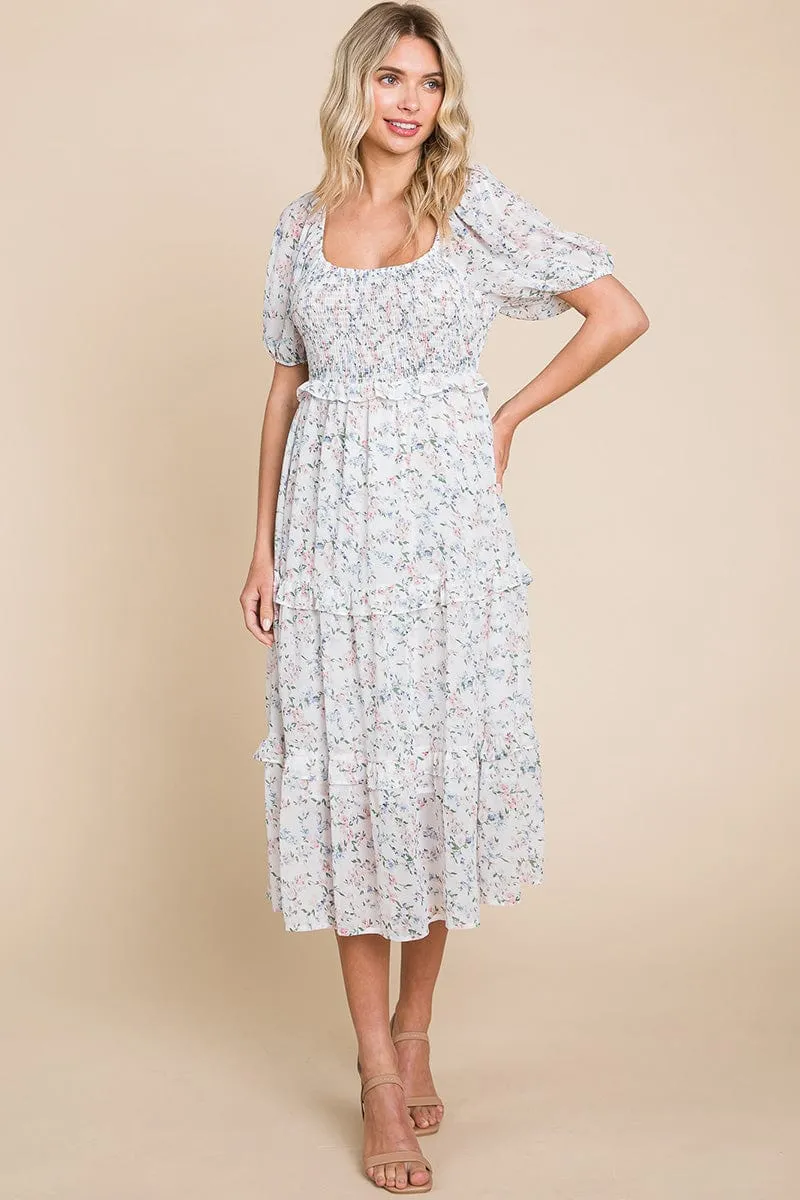 Floral Smocked Tiered Babydoll Midi Dress