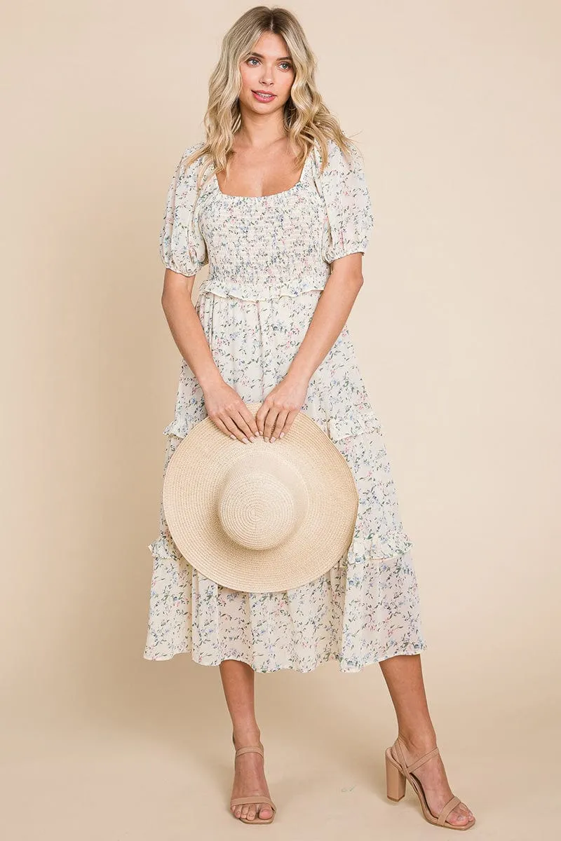 Floral Smocked Tiered Babydoll Midi Dress