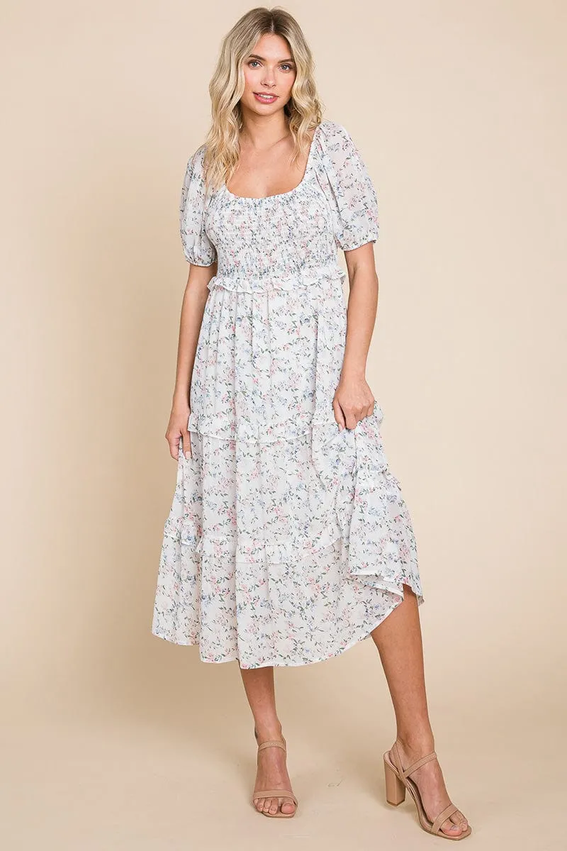 Floral Smocked Tiered Babydoll Midi Dress