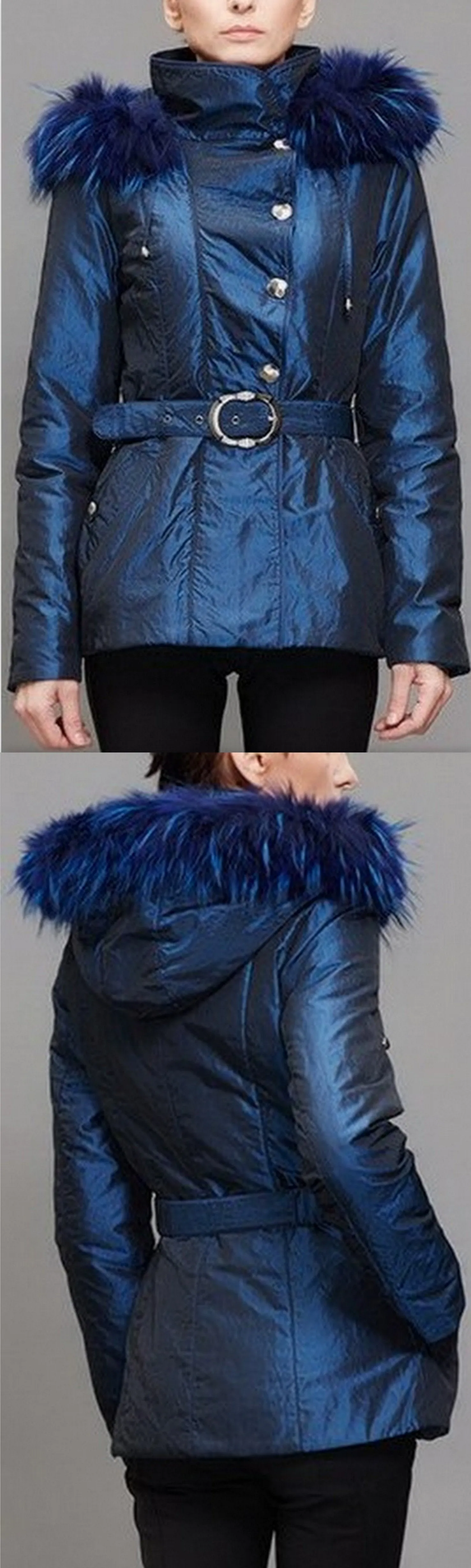 Fur-Hooded Metallic Down Jacket