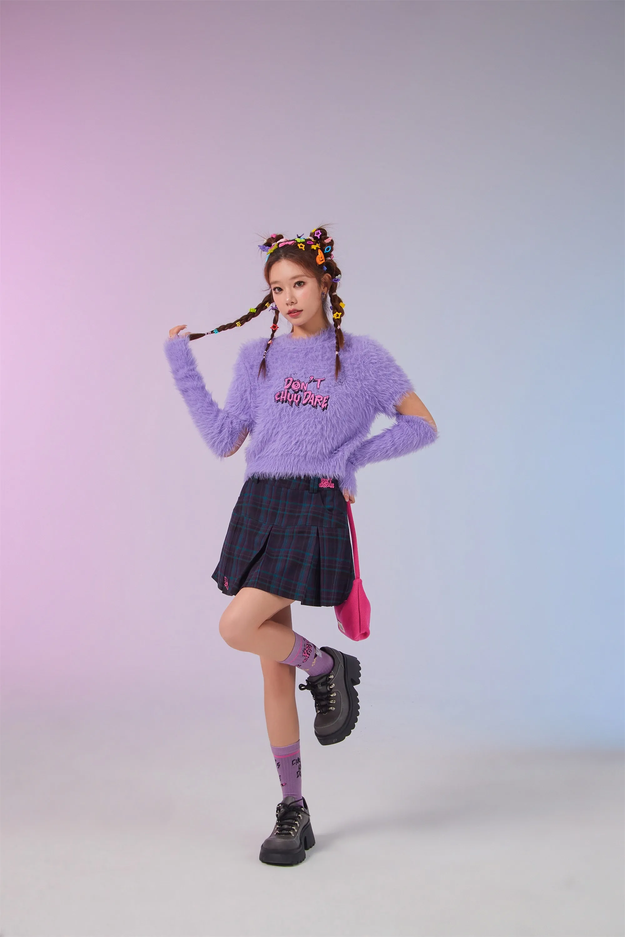 Fuzzy Sleeve Slit Crop Knit Sweater