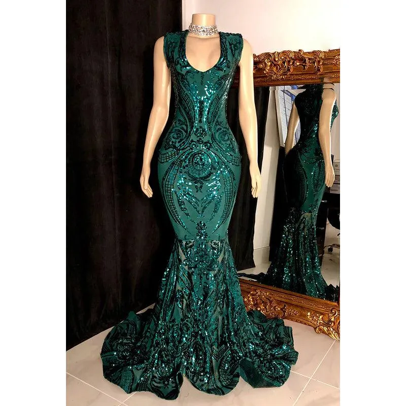 Glamorous & Dramatic Mermaid Sequins Sleeveless Evening Party Prom Dress