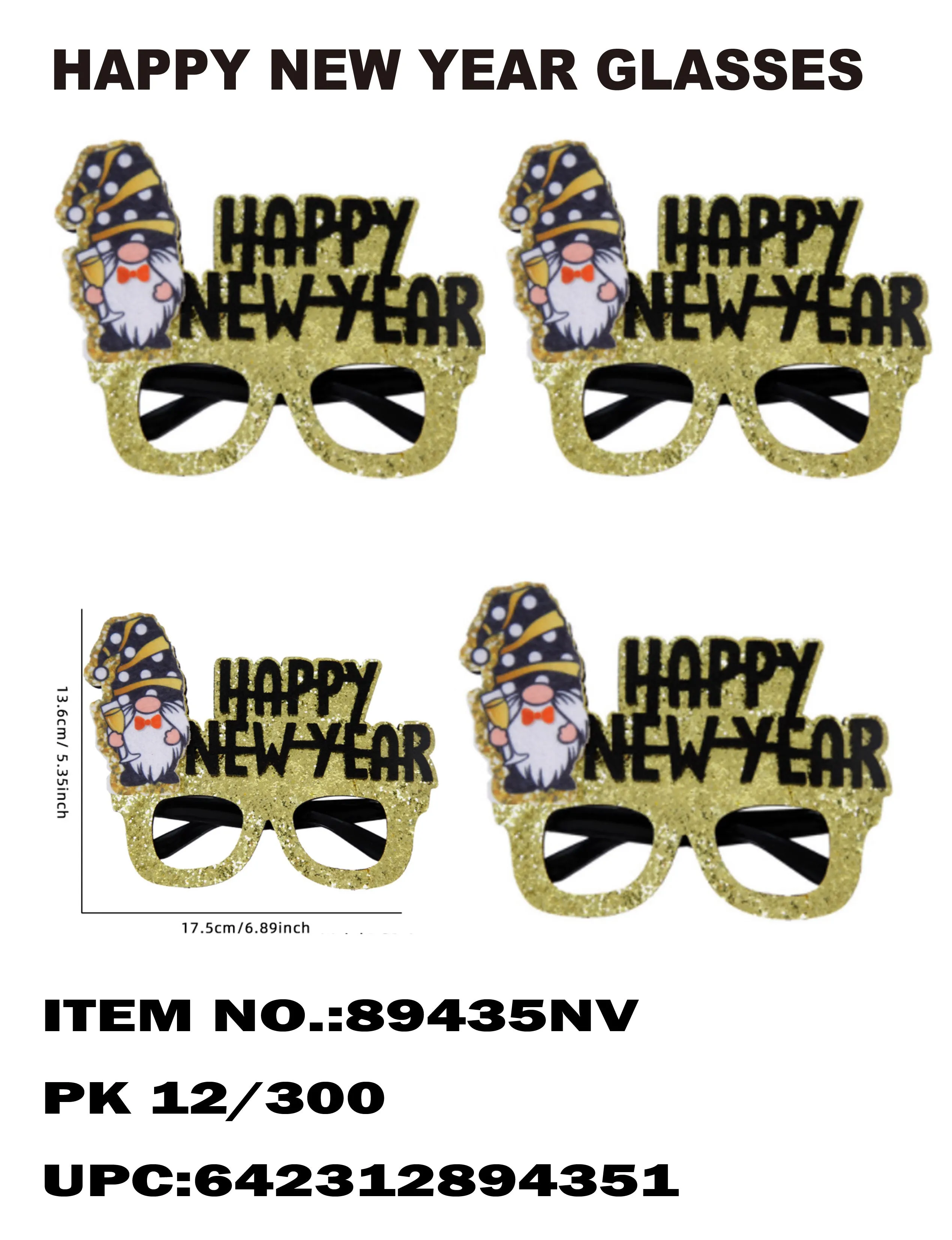 Glitter Gold Happy New Year Glasses with Winter Gnome