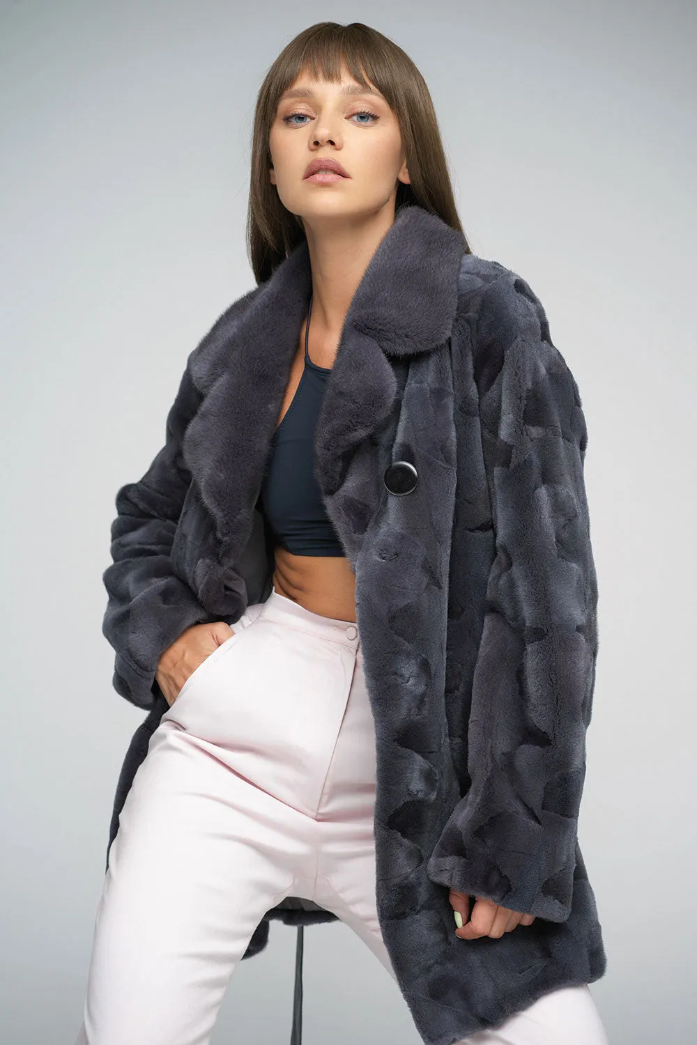 Gray Genuine Mink Fur Midi Coat