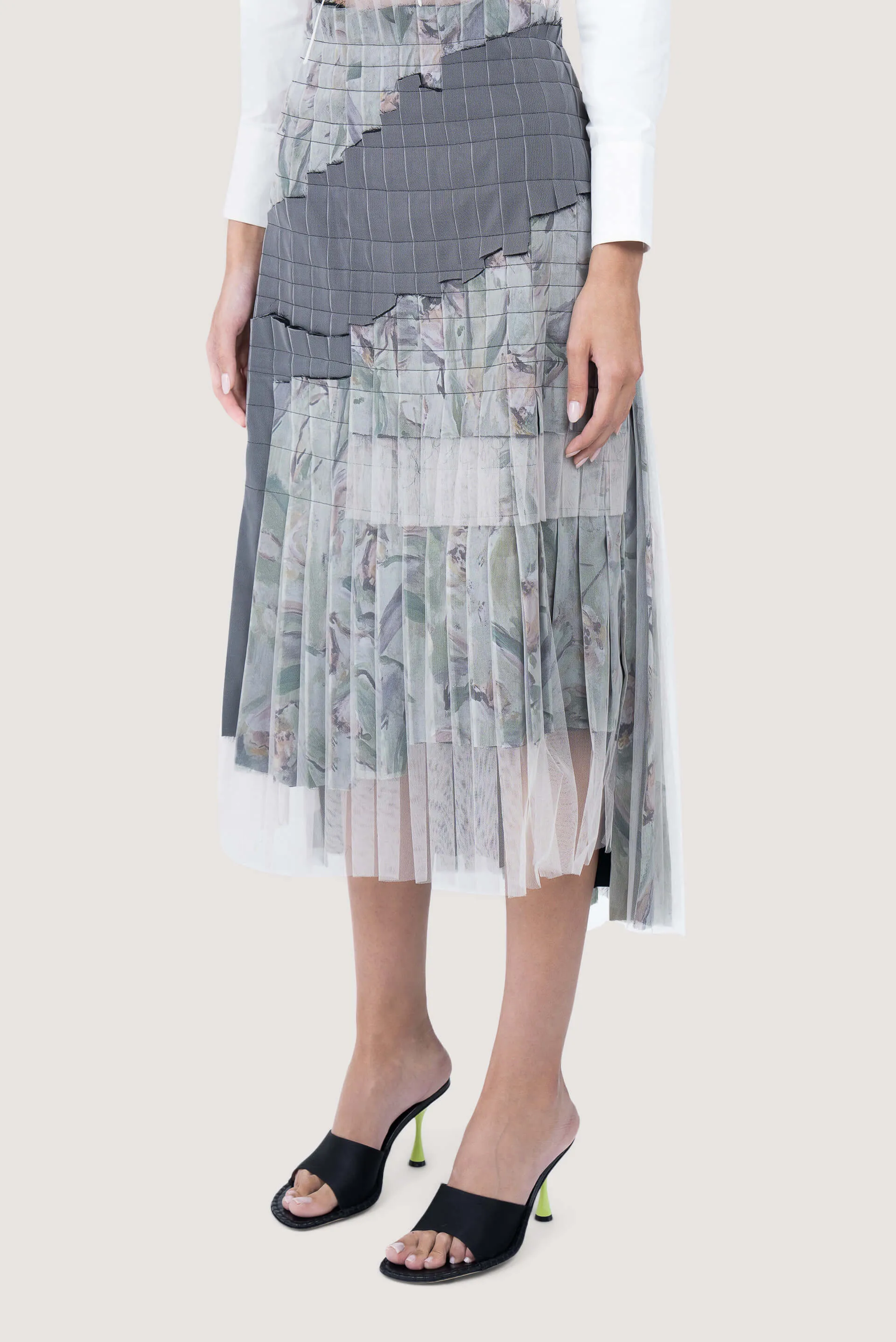 Green And Black Printed Layered Pleated Midi Skirt