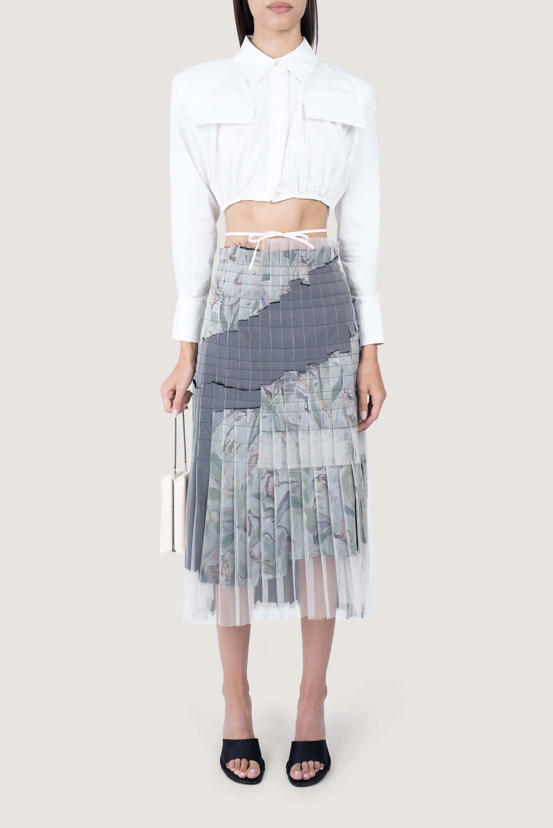 Green And Black Printed Layered Pleated Midi Skirt