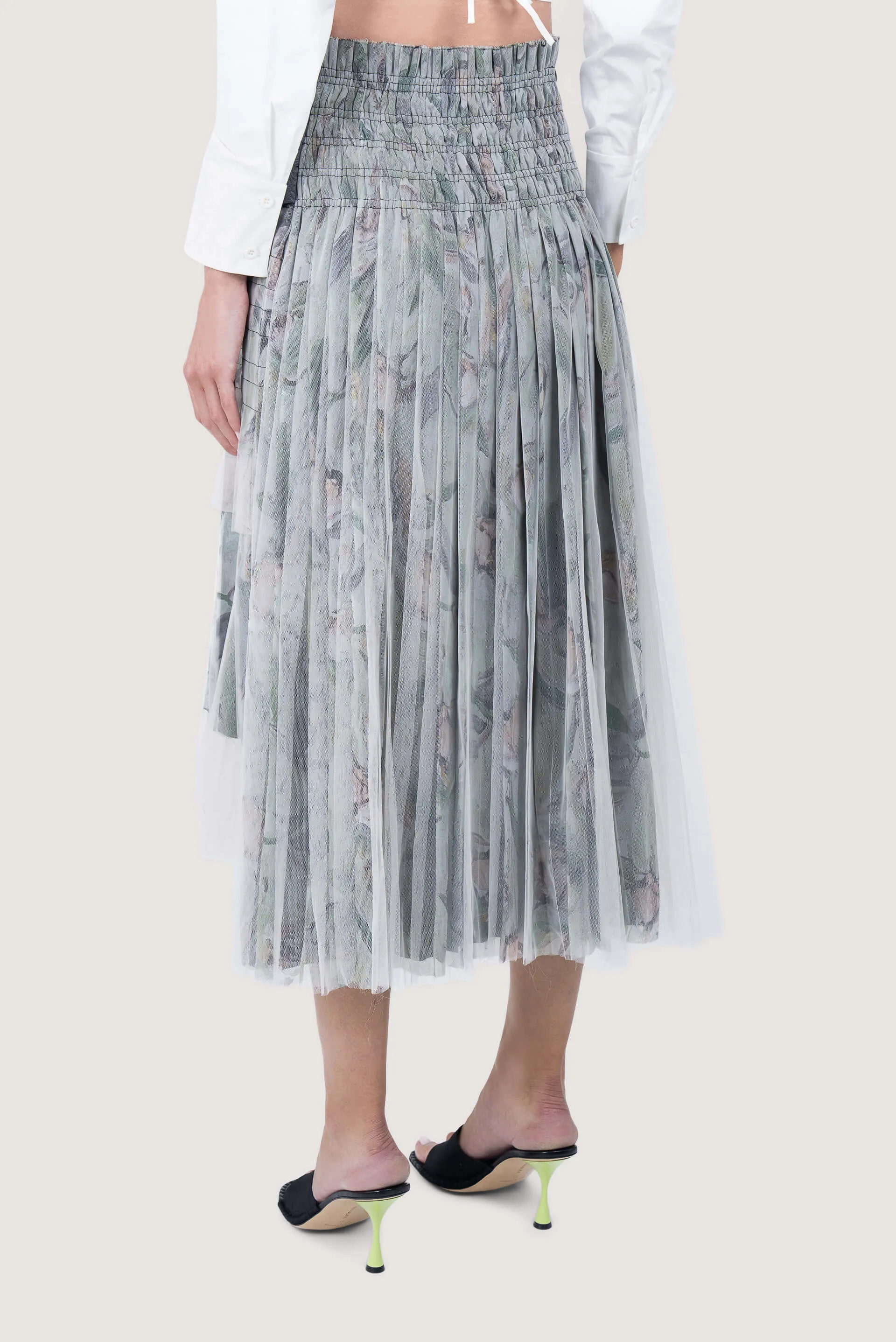 Green And Black Printed Layered Pleated Midi Skirt