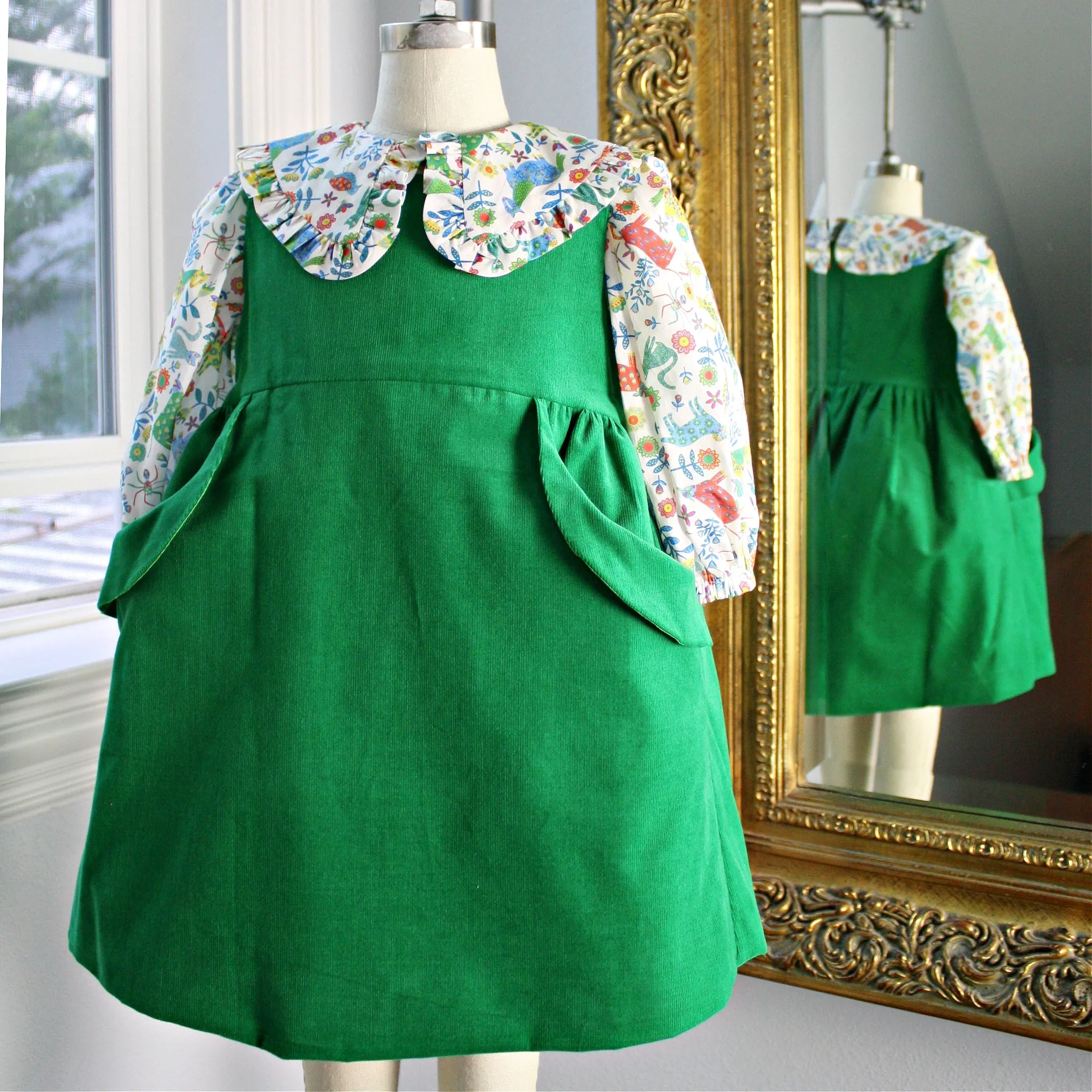 Green Corduroy Dress with Folk Tails Liberty London Blouse -Size 4T and 5 Only