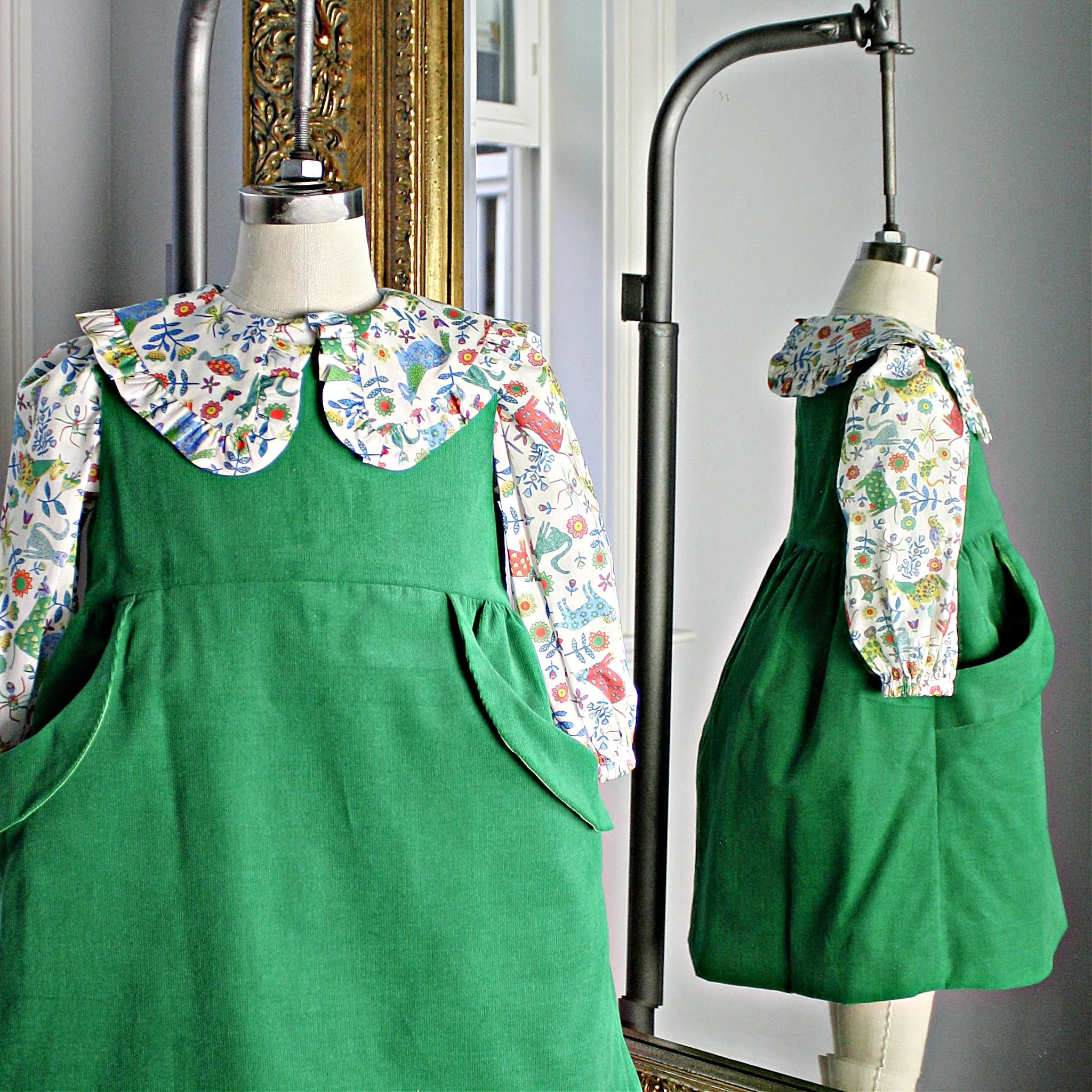 Green Corduroy Dress with Folk Tails Liberty London Blouse -Size 4T and 5 Only