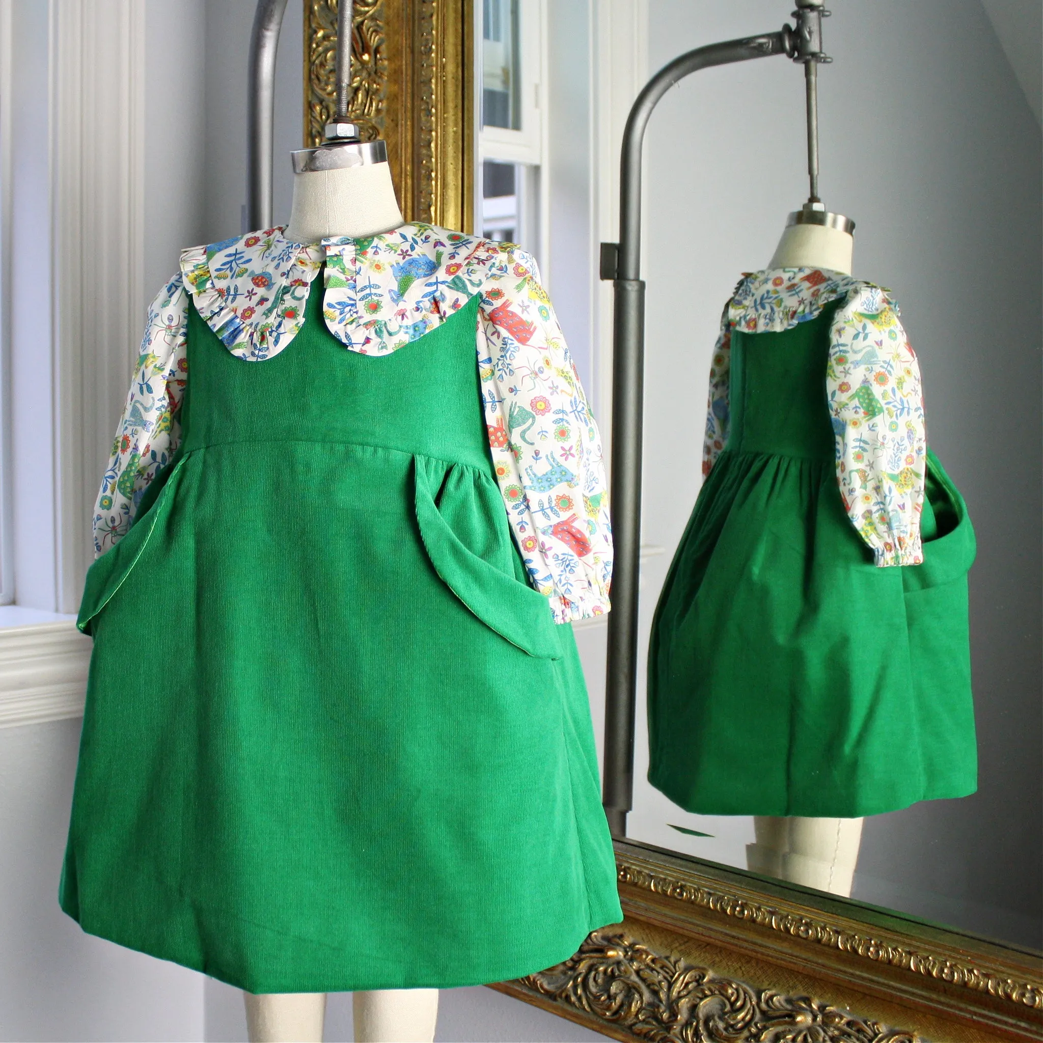 Green Corduroy Dress with Folk Tails Liberty London Blouse -Size 4T and 5 Only