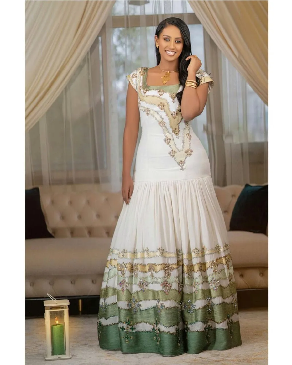 Green Design Shape Beaded Habesha Dress Modern Habesha Kemis Traditional Ethiopian dress Style