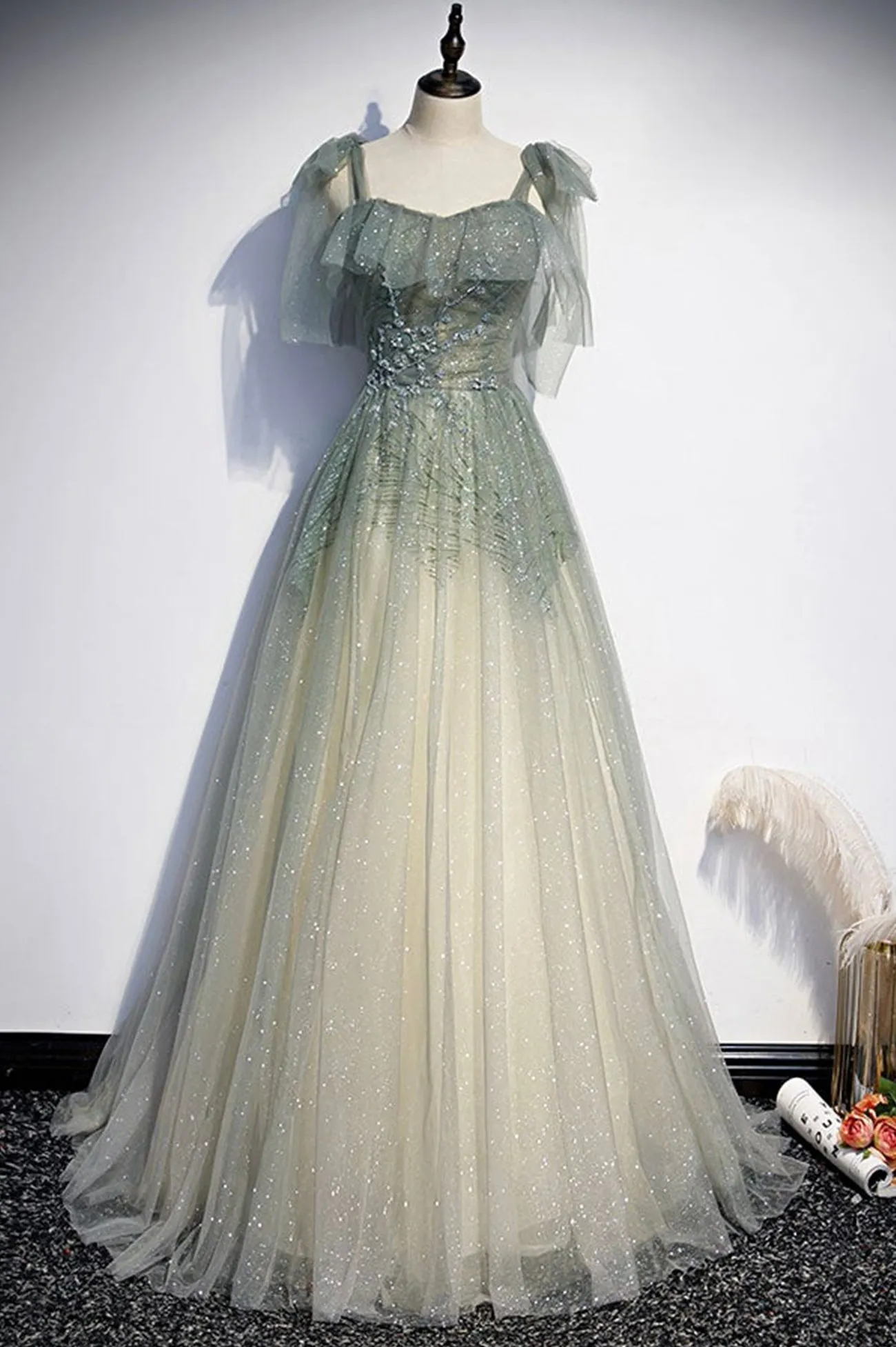 Green Shiny Tulle Long Formal Evening Dress, A-Line Graduation Dress