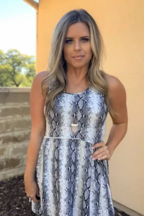 GREY REPTILE PRINTED TANK DRESS