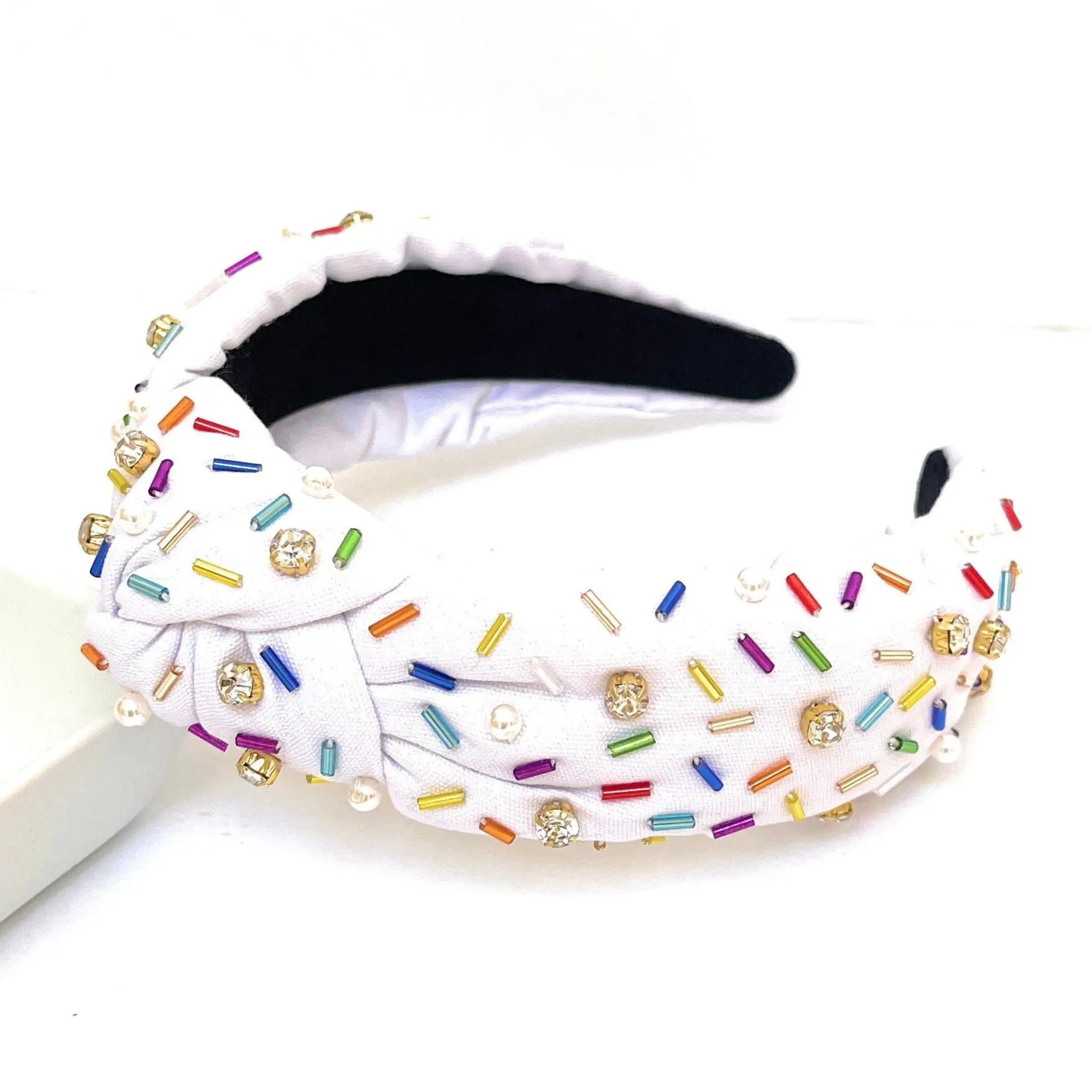 Hand Embellished Sprinkles Knotted White Headband