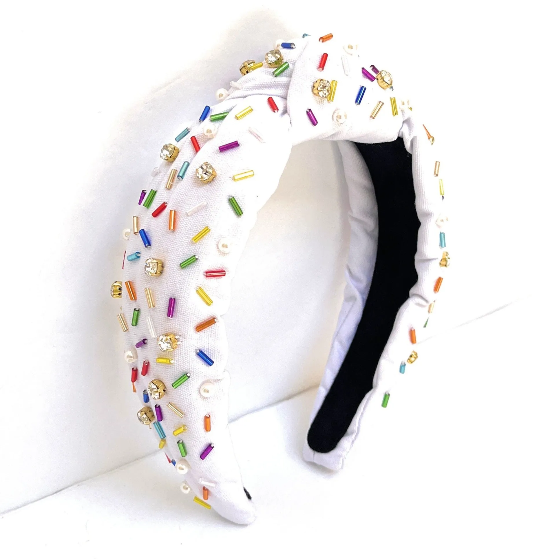 Hand Embellished Sprinkles Knotted White Headband