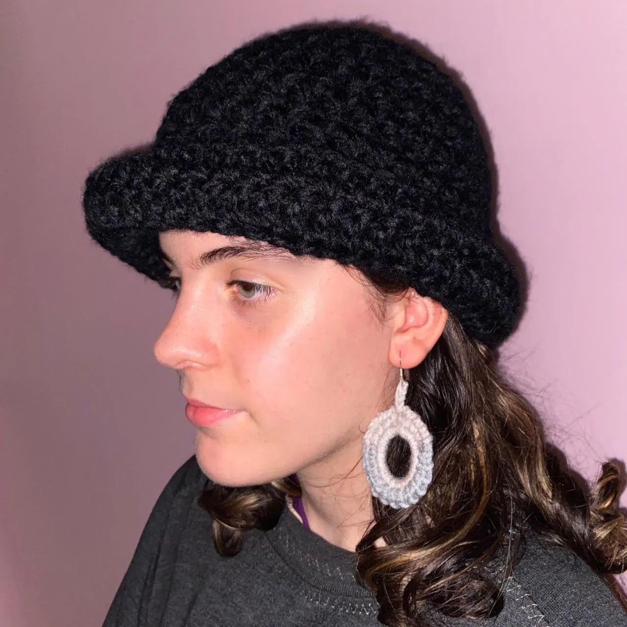 Handmade black chunky crochet bowler hat