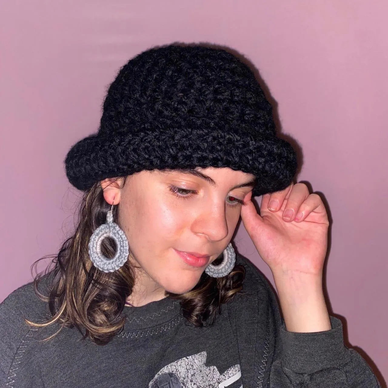 Handmade black chunky crochet bowler hat