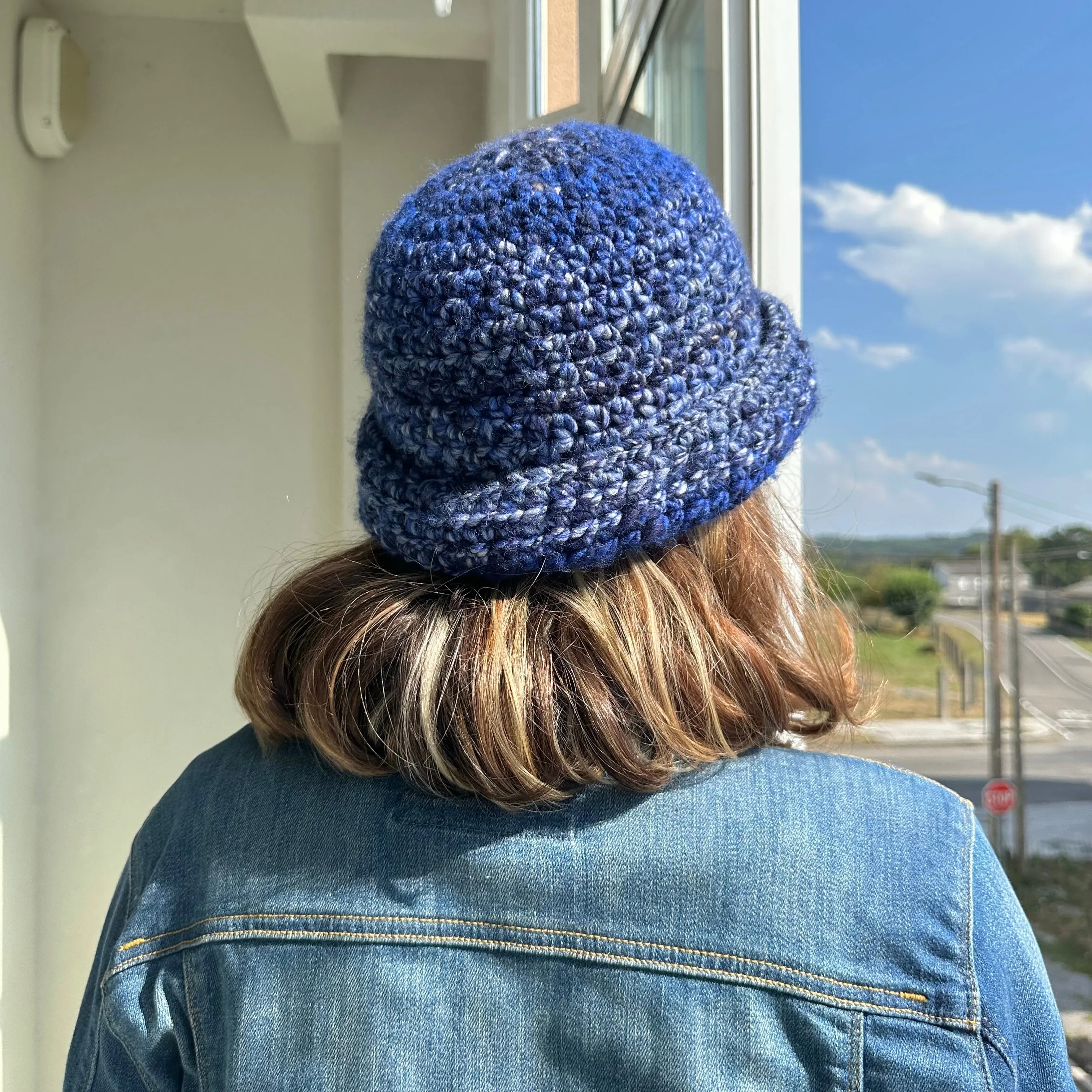 Handmade blue chunky crochet bowler hat