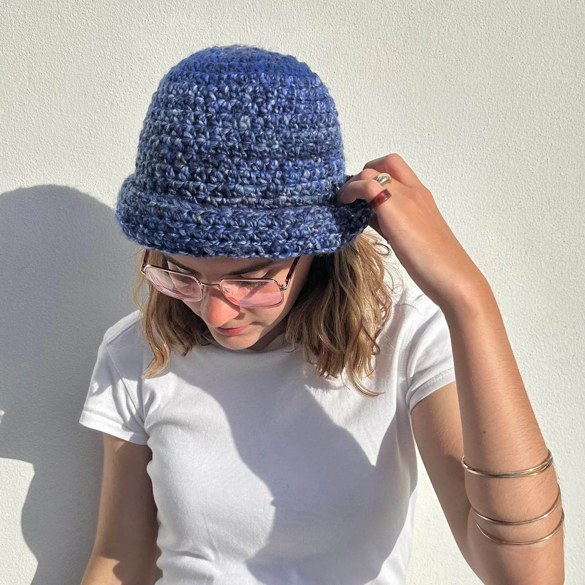 Handmade blue chunky crochet bowler hat