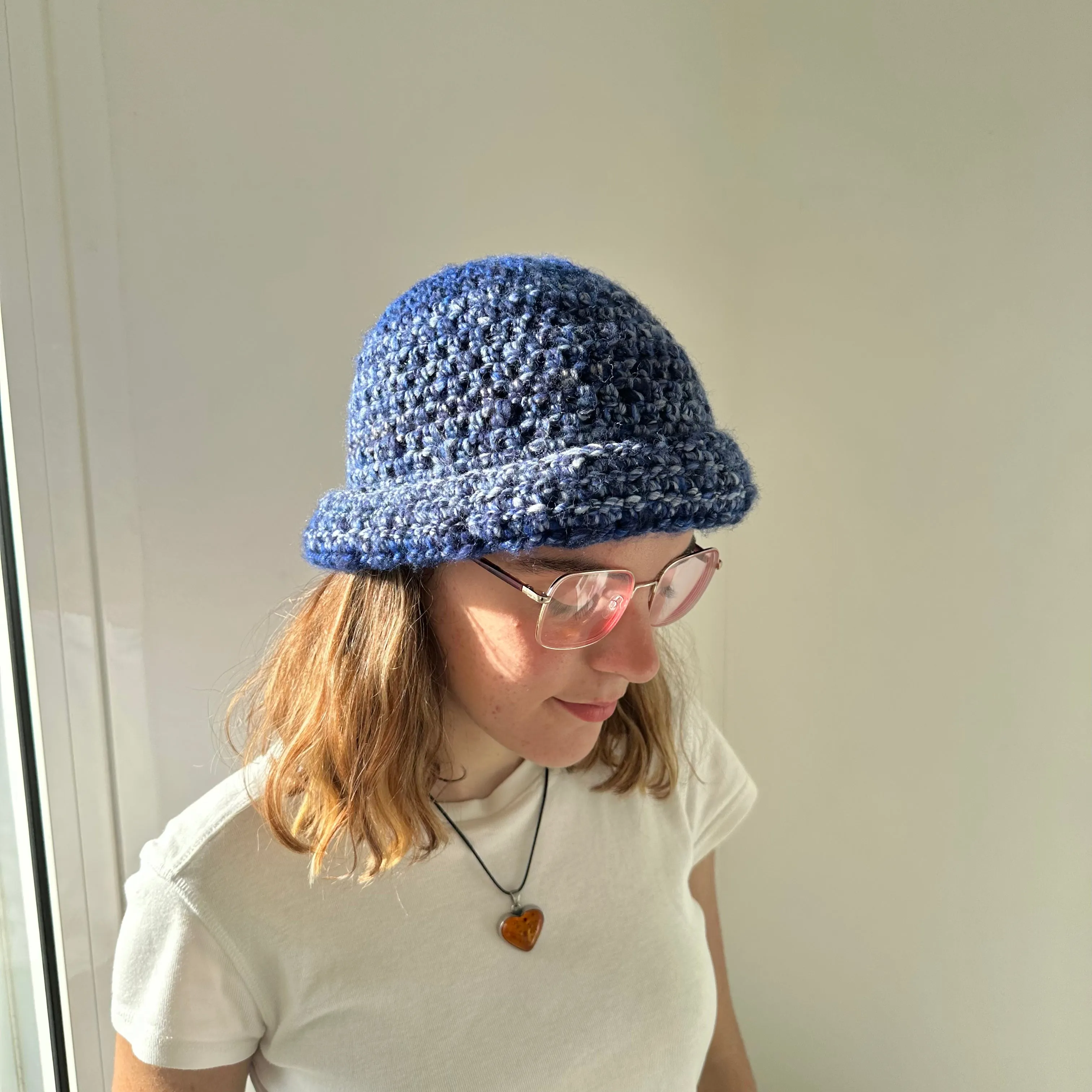 Handmade blue chunky crochet bowler hat