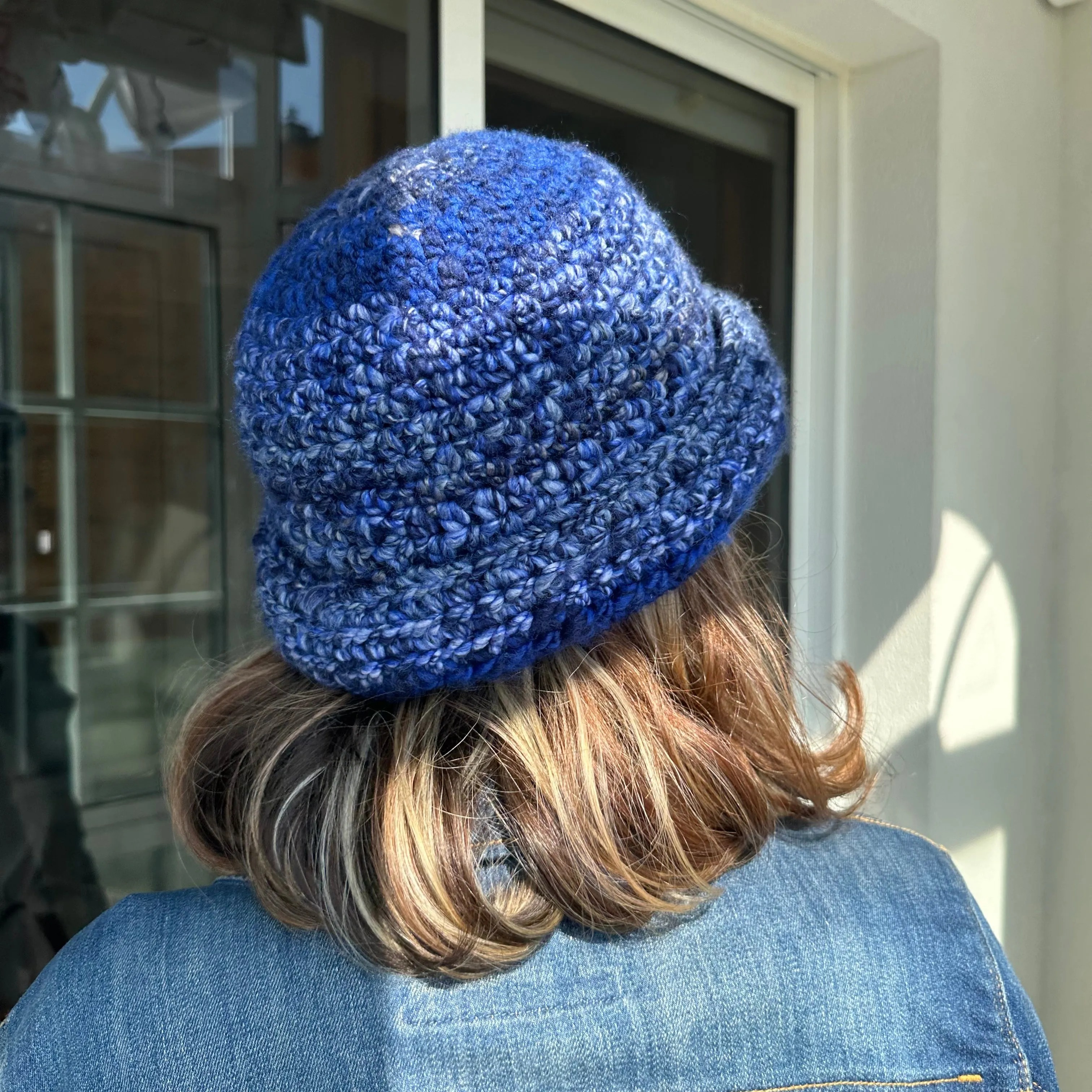 Handmade blue chunky crochet bowler hat