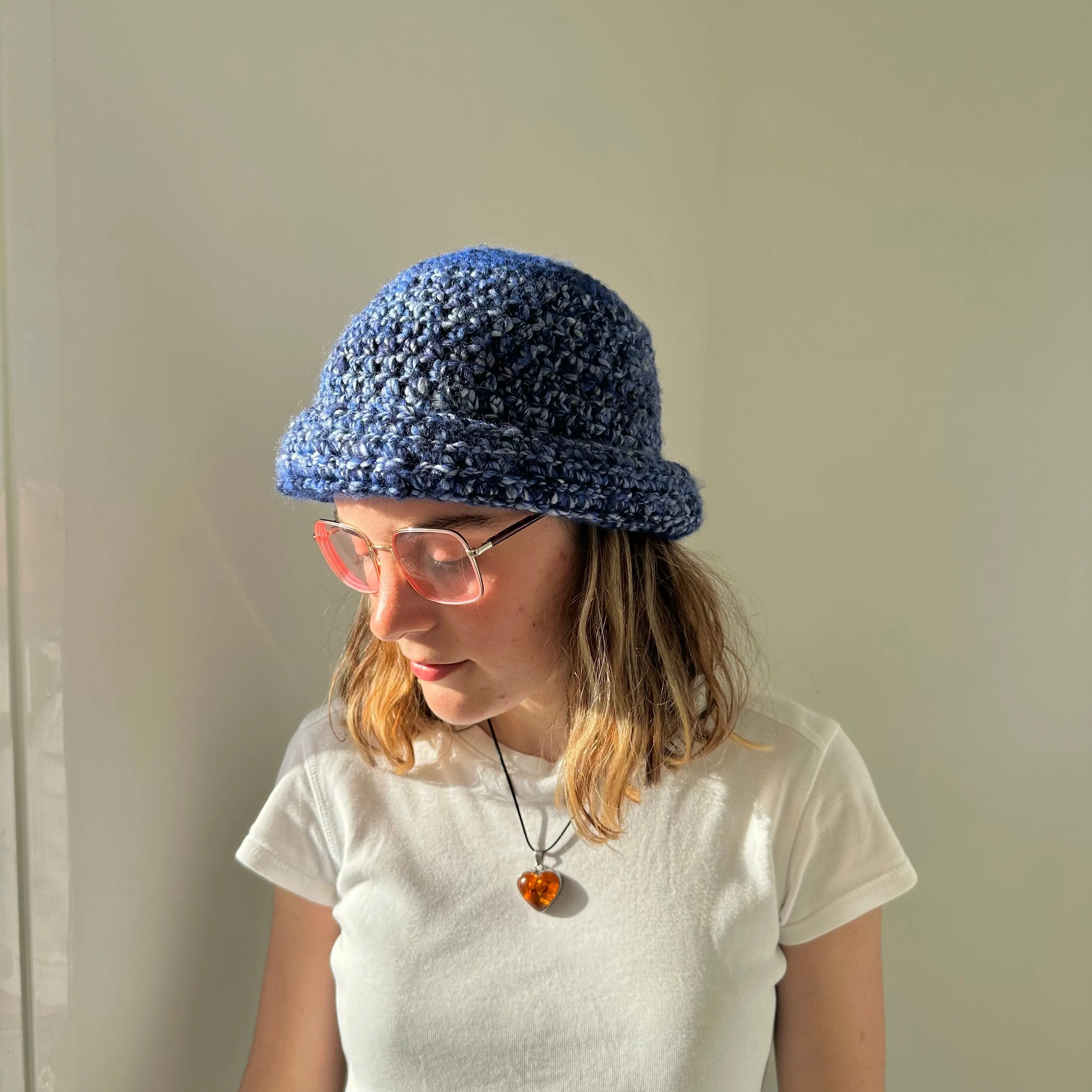 Handmade blue chunky crochet bowler hat