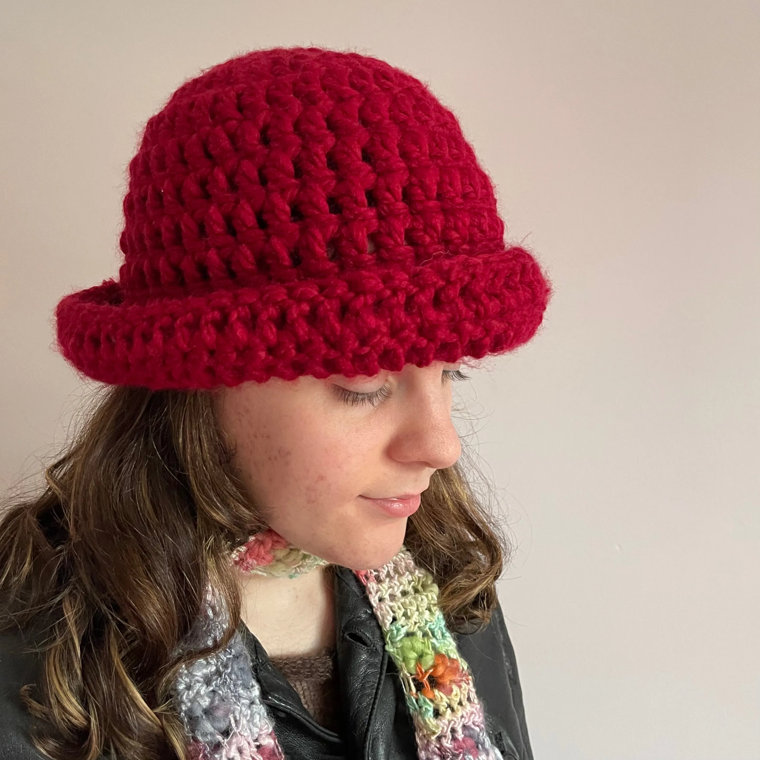 Handmade dark red chunky crochet bowler hat