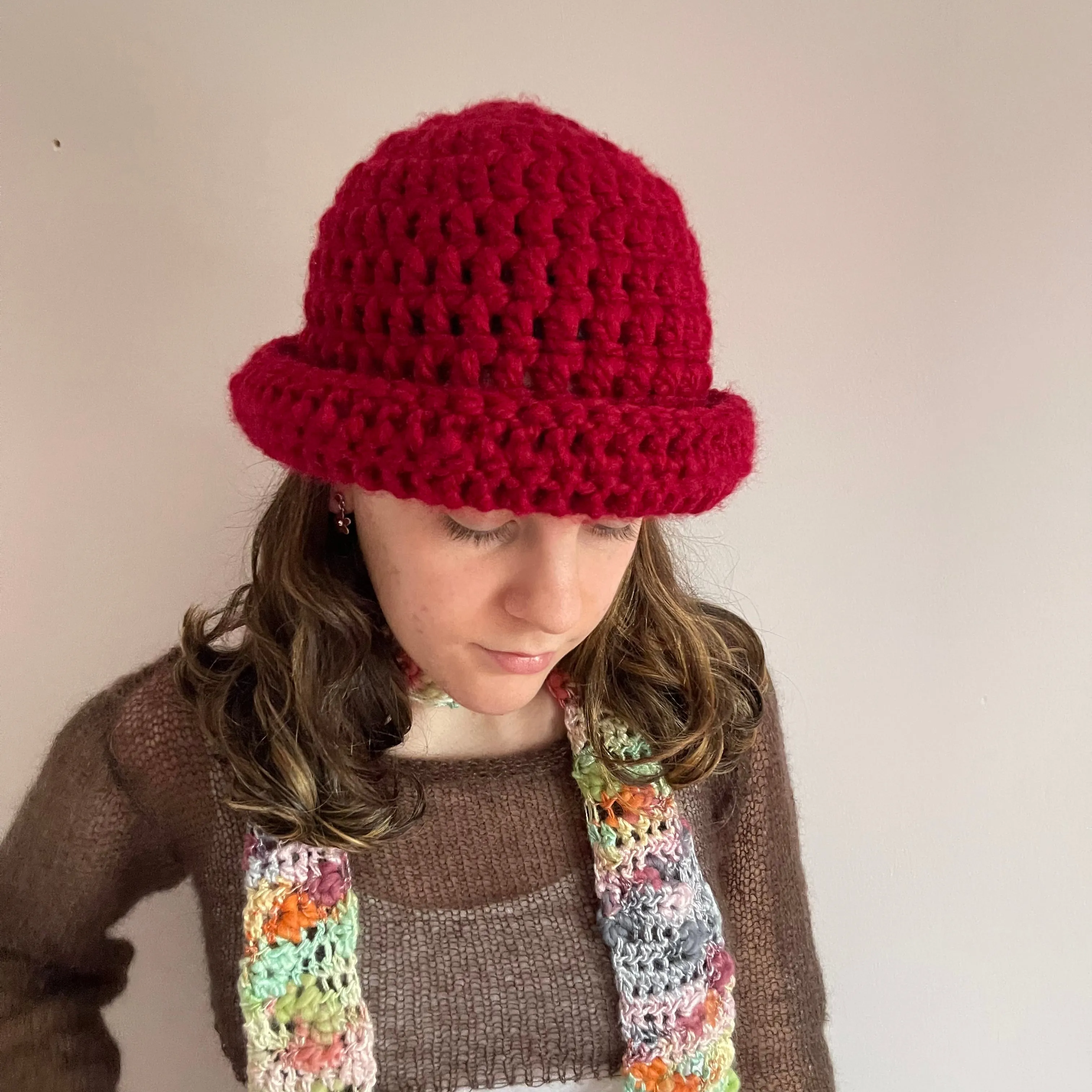 Handmade dark red chunky crochet bowler hat