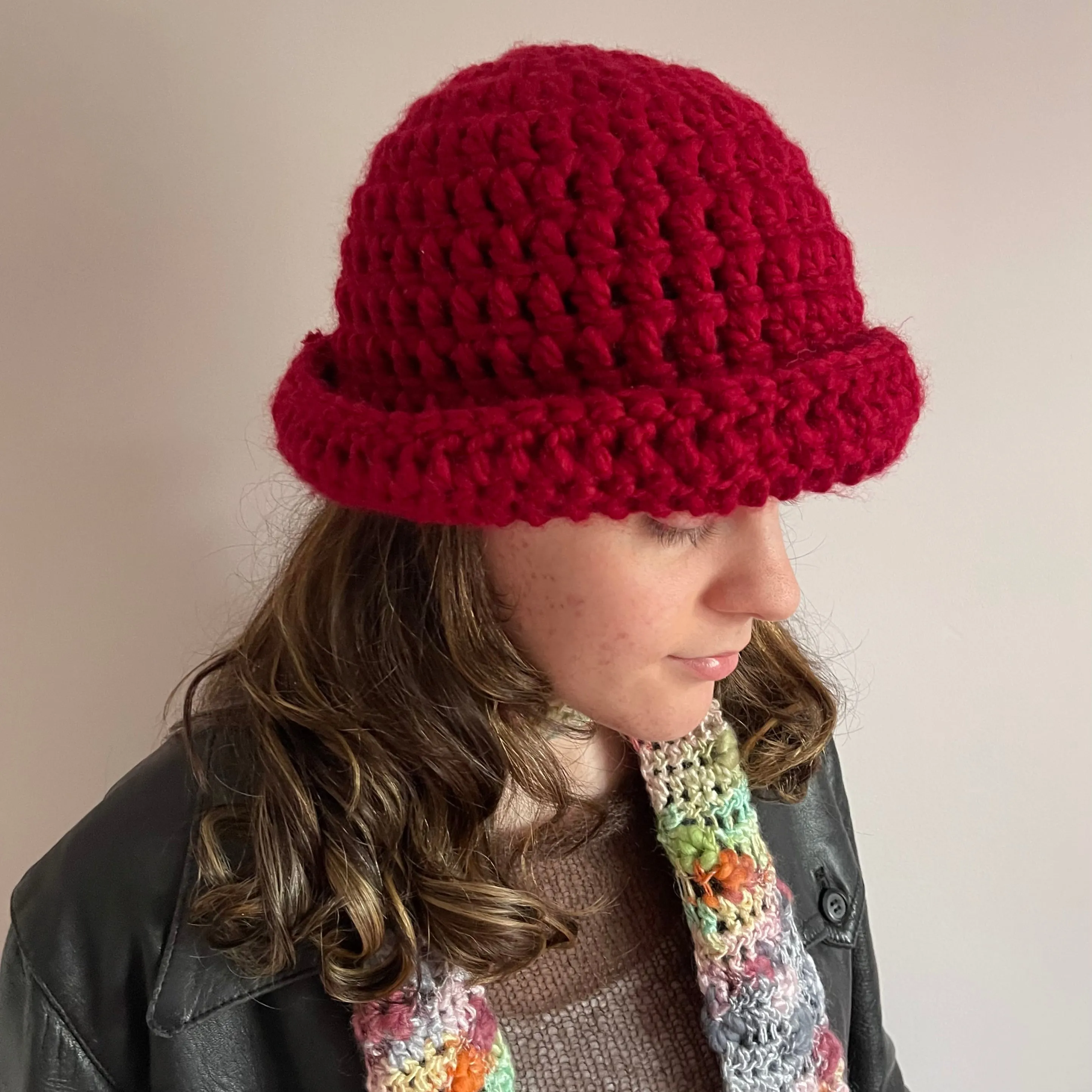 Handmade dark red chunky crochet bowler hat