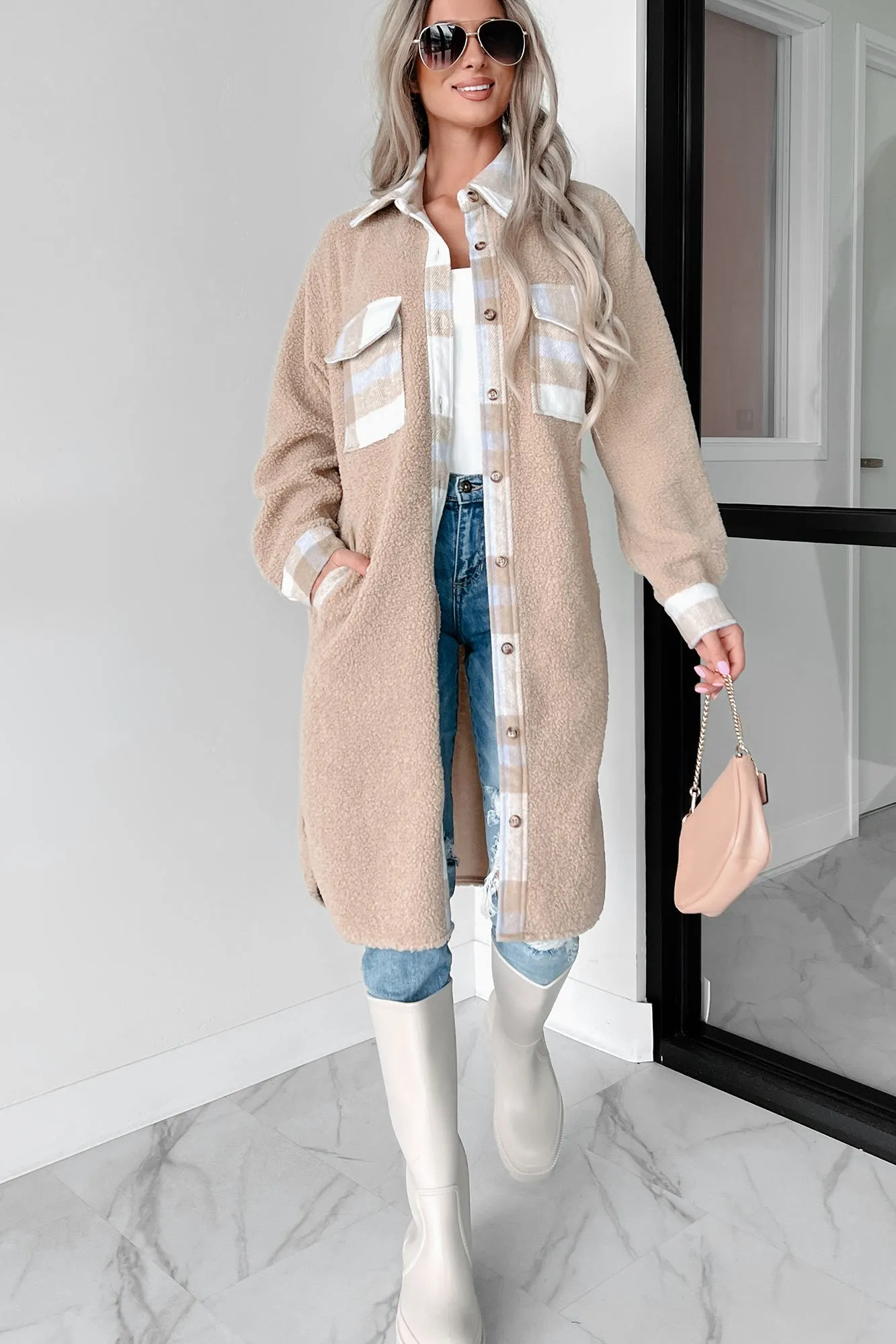 Harvest Cheer Teddy & Plaid Long Shacket (Camel)