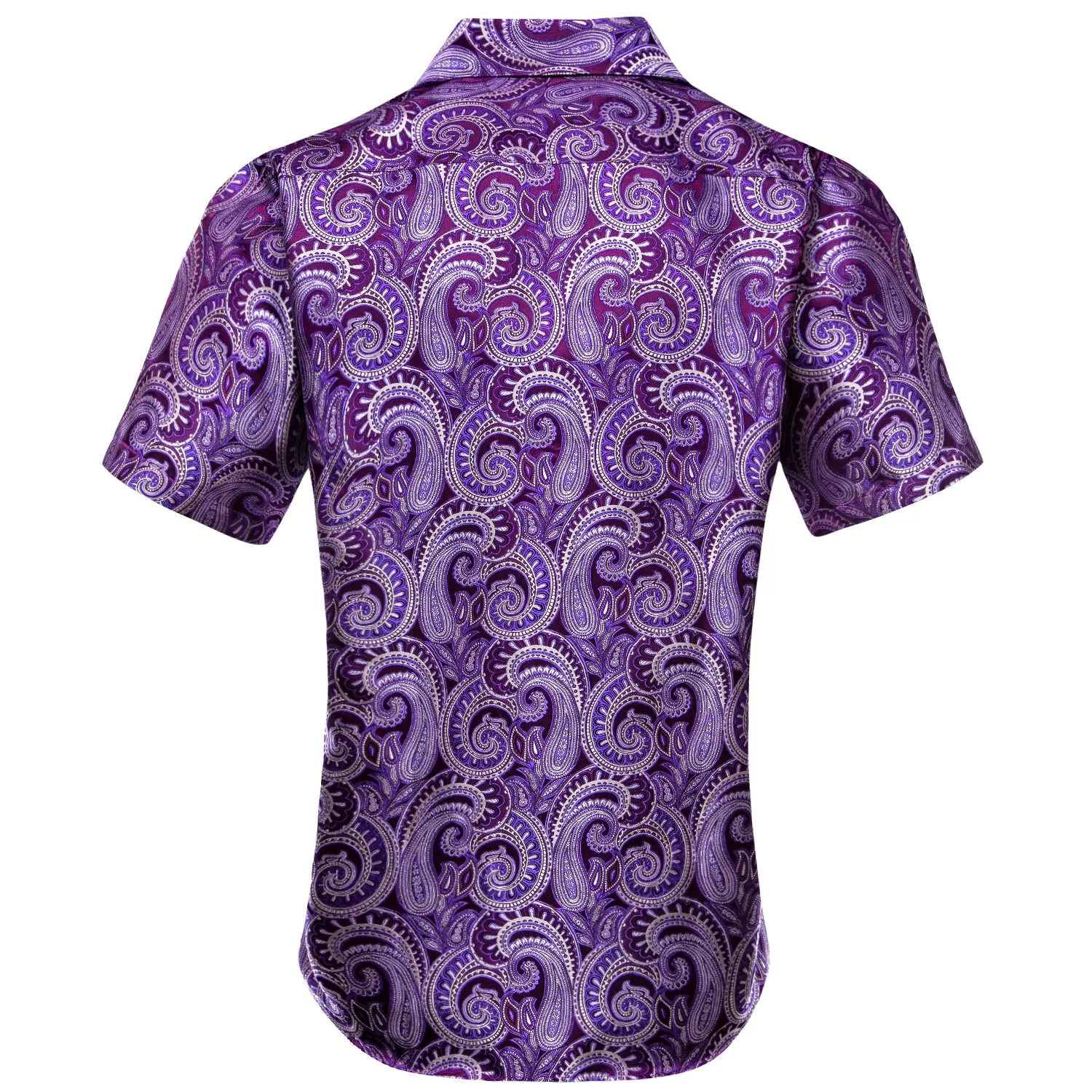 Hi-Tie Deep Purple Dress Shirt Top Paisley Silk Men Short Sleeve Shirt