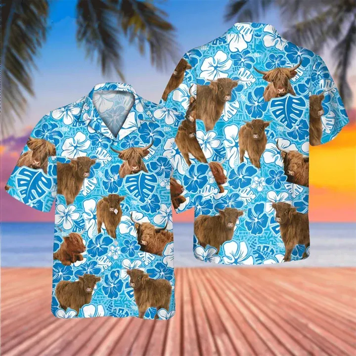 Highland cow Blue Floral Hawaiian Shirt, Cow Hawaii Shirt, Cow Lovers Shirt For Men